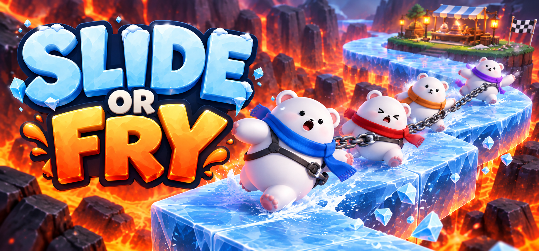 Polar bears chained together on an icy course above lava in Slide or Fry